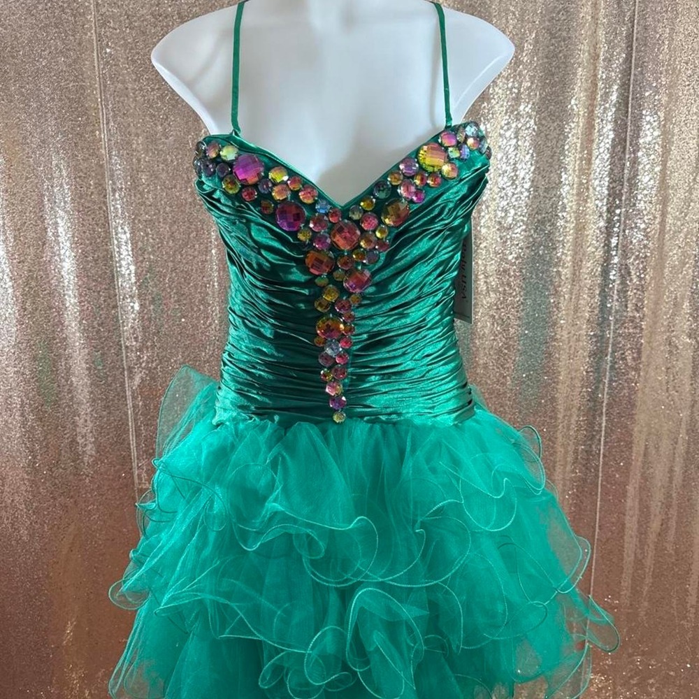Green Short Satin Dress with Ruffles and Matching Scarf/Sizes S-M-L